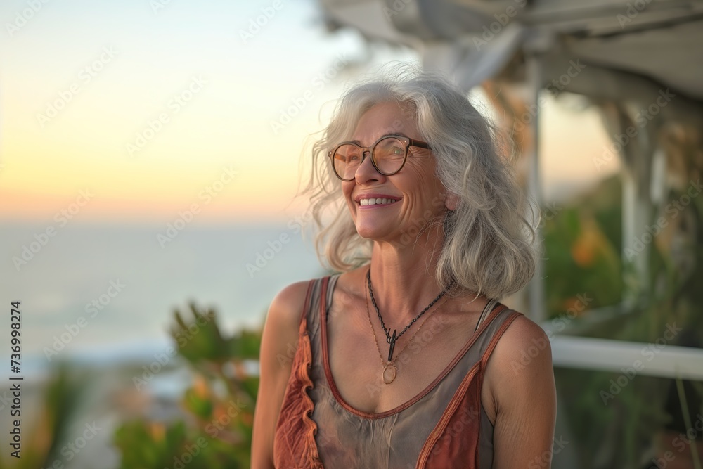 A mature woman wearing glasses stands on a balcony near the ocean, enjoying the view.