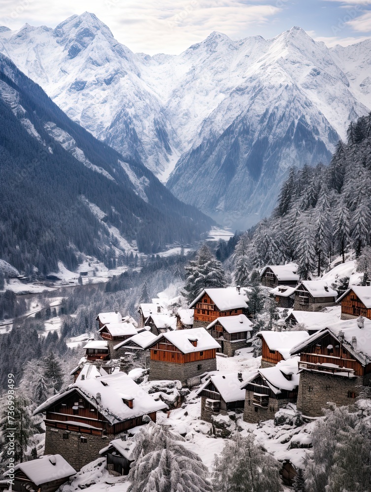 Winter Wonderland: Alpine Villages Embraced by Snow-Capped Forests and Enchanting Snow-Covered Trees