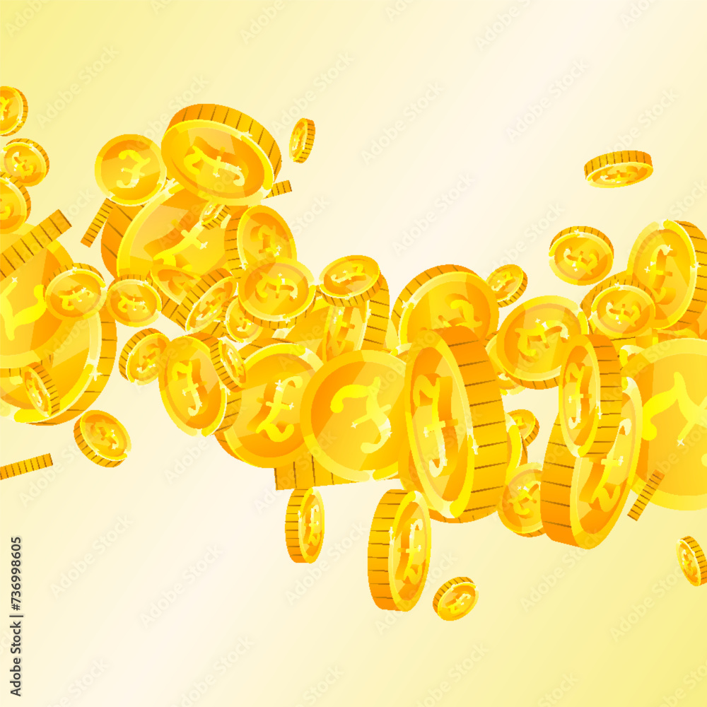 British pound coins falling. Scattered gold GBP British pound coins falling. Scattered gold GBP