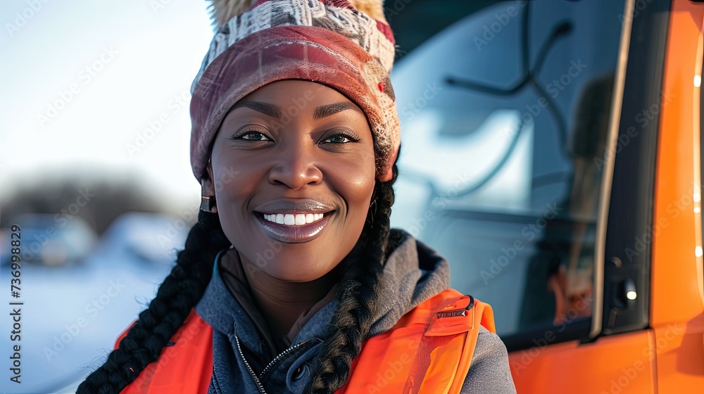 Female professional truck driver looking at camera. The driver's enthusiasm is evident as she showcases her truck, highlighting the importance of transportation. Female professional truck driver looking at camera. The driver's enthusiasm is evident as she showcases her truck, highlighting the importance of transportation.