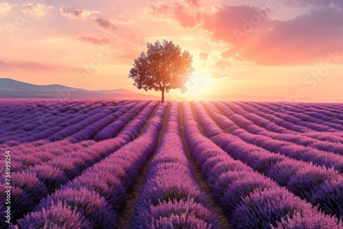 sun setting or rising over a lavendar field with a single tree photo