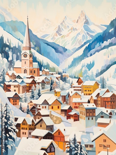 Snowy Mountain Town: Alpine Villages in Winter Wall Art Scene