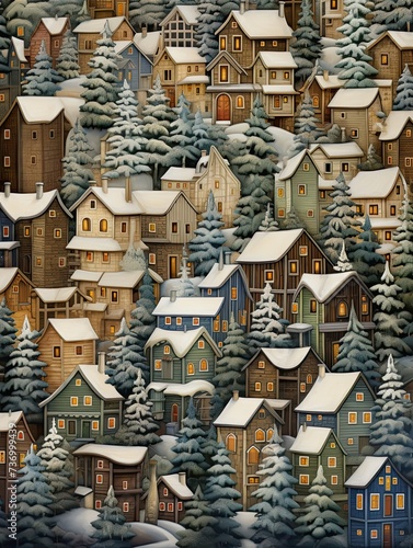 Winter Woodland Retreat: Alpine Villages Art Print - Cabins amidst Forest © Michael