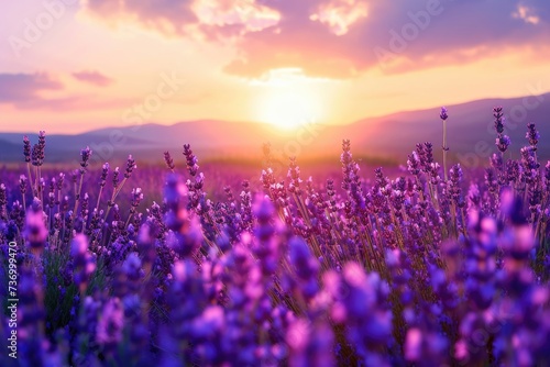 Sunset in Provences violet lavender field.