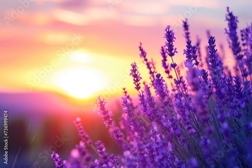 Sunset in Provences violet lavender field.