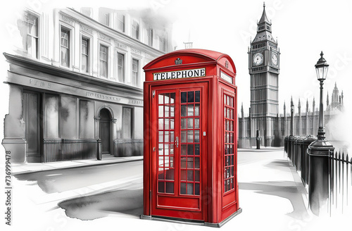 Beautiful watercolor illustration of red London telephone boxes in London  UK.