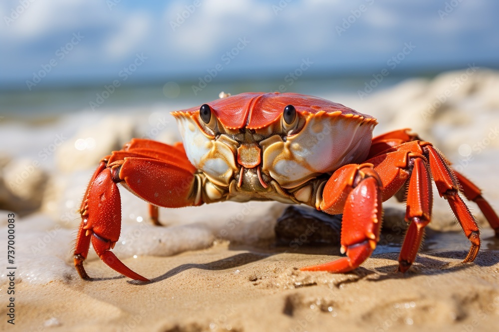 closeup of a big red crab on the sand on seashore on sunny day closeup of a big red crab on the sand on seashore on sunny day
