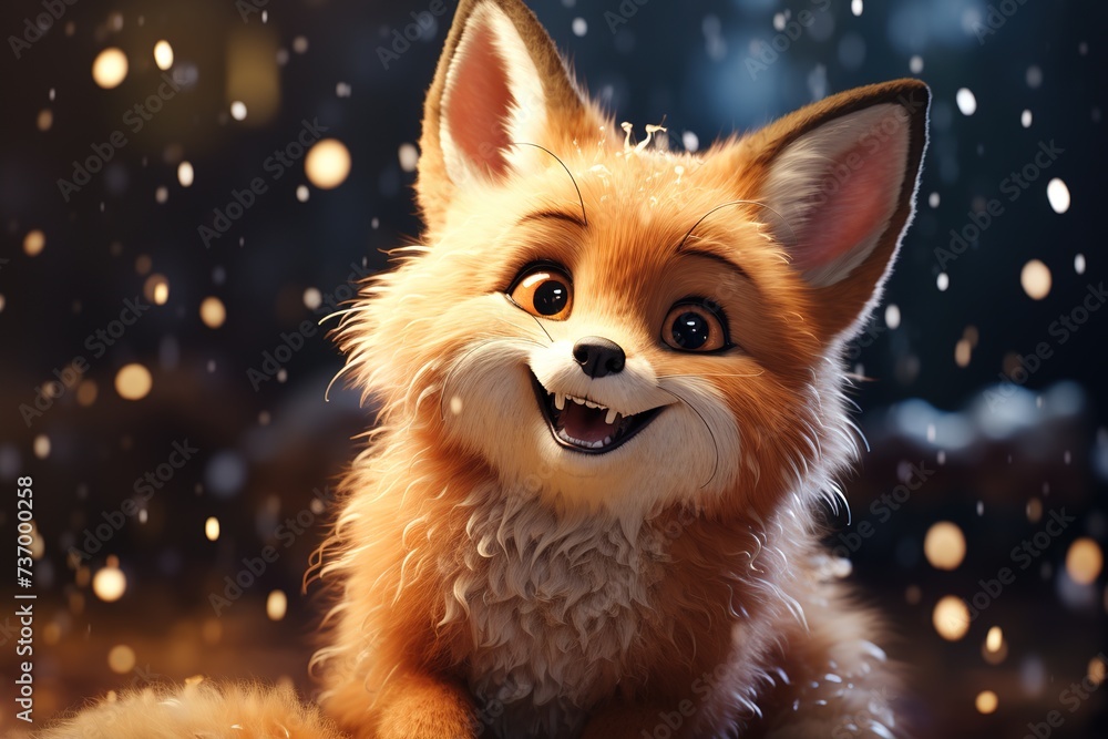 Obraz premium cute cartoon little fluffy happy fox on a blurred background with snowfall