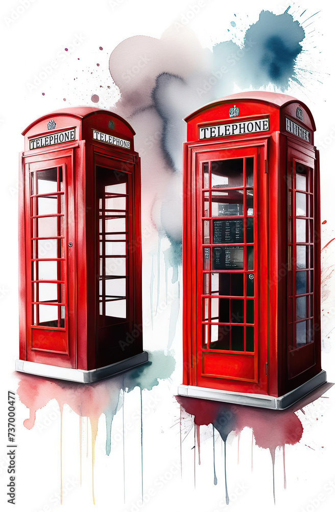 Obraz premium Beautiful watercolor illustration of red London telephone boxes in London, UK.