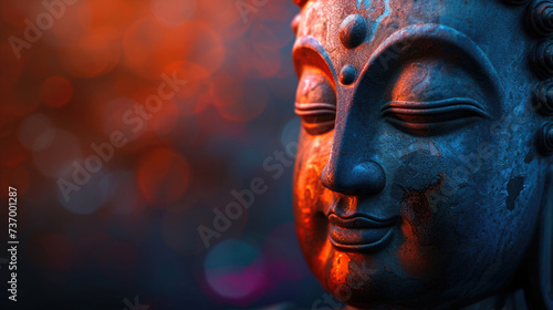 close-up of the head of an old buddha figurine,blurred background with bokeh,empty space for text,yoga relaxation banner