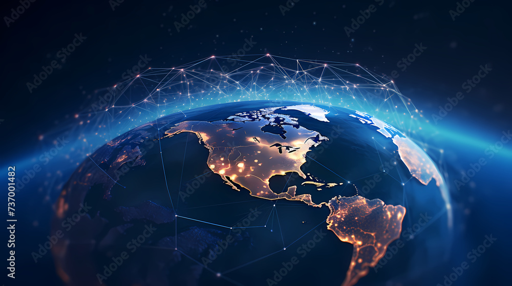 Polygonal mesh network map of the world with lines and points, points and connections Polygonal mesh network map of the world with lines and points, points and connections