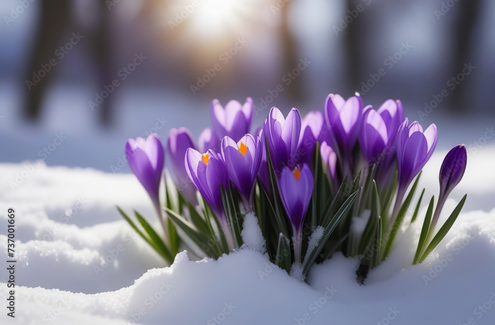 purple and white crocuses break through the snow close up. raindrops. snowdrops. first spring flowers
