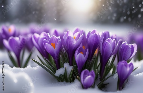 purple and white crocuses break through the snow close up. raindrops. snowdrops. first spring flowers © Kseniya Ananko
