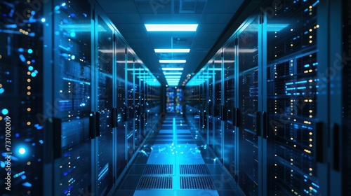 Shot of Corridor in Working Data Center Full of Rack Servers and Supercomputers with Internet connection Visualization Projection, technology, digital, futuristic, future,