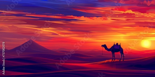 Camel at Sunset Beauty of Desert Landscape with Camel Trekking along the Dunes under Sky painted with Hues of Orange, red, purple embodying Spirit of Adventure created with Generative AI Technology © Animals Creator