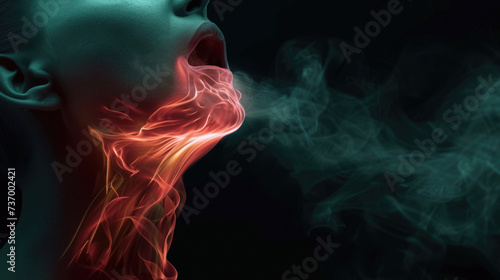 close-up sore throat, sore red neck, open mouth, steam on a black background, flu