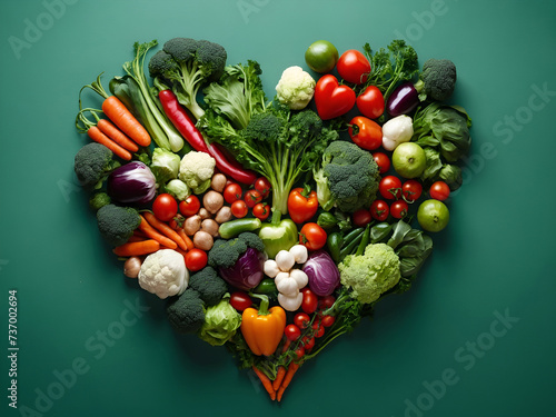 A delightful arrangement of nutritious vegetables forming a heart shape on a green background.