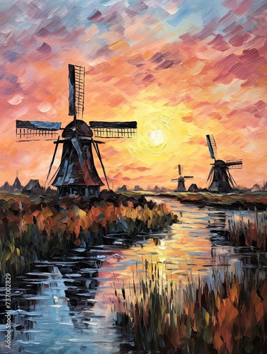 Dutch Windmills at Sunset: Captivating Countryside Painting © Michael