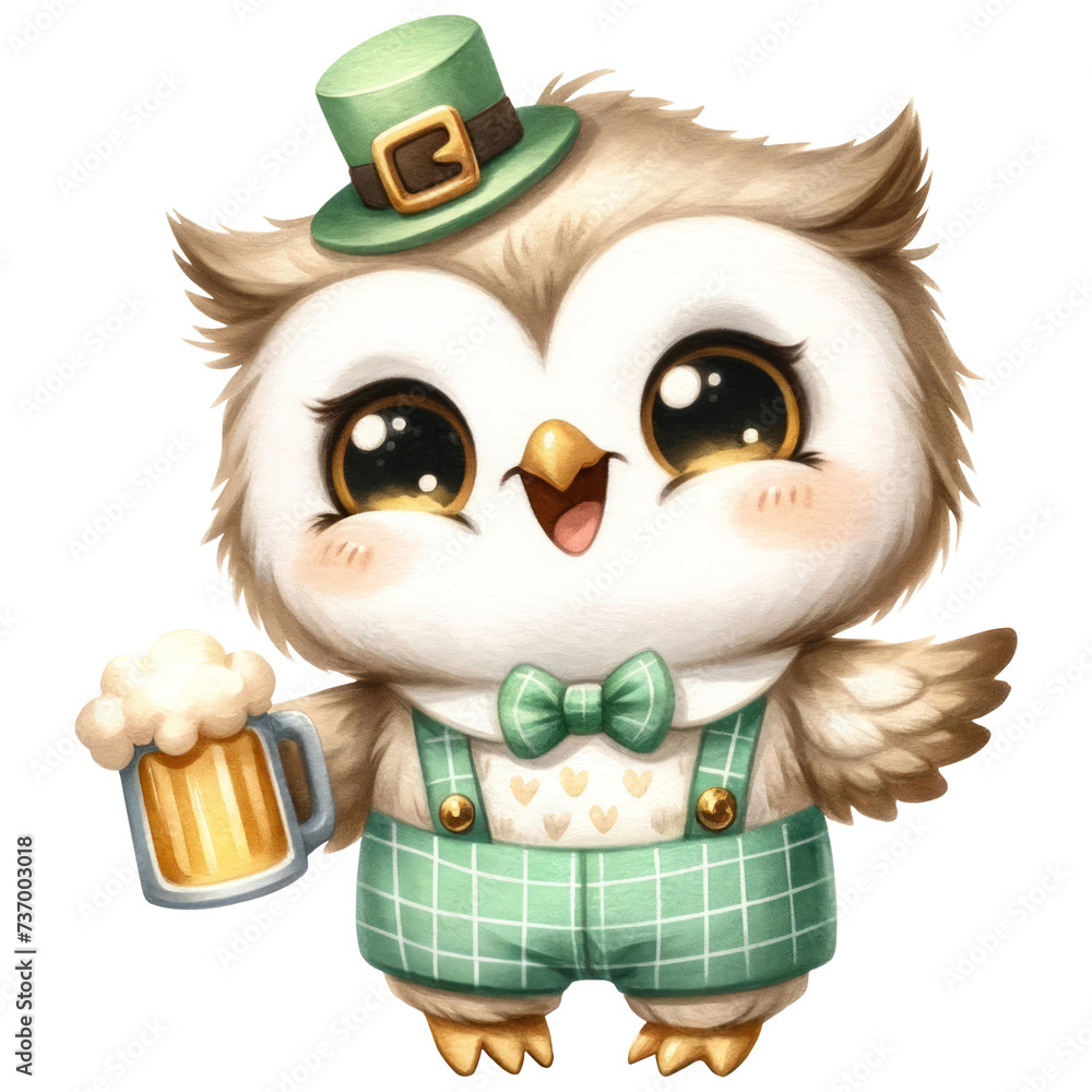 Cute Owl Irish Leprechaun holding a Glass of Beer, Happy Saint Patrick's Day Animal, Watercolor Cartoon Character, Celebration, Isolated on Transparent Background. Generative AI