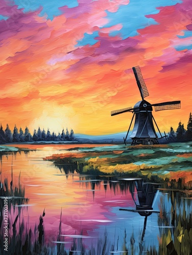 Vibrant Dutch Windmills at Sunset: A Kaleidoscope of Colorful Skies and Scenic Serenity © Michael
