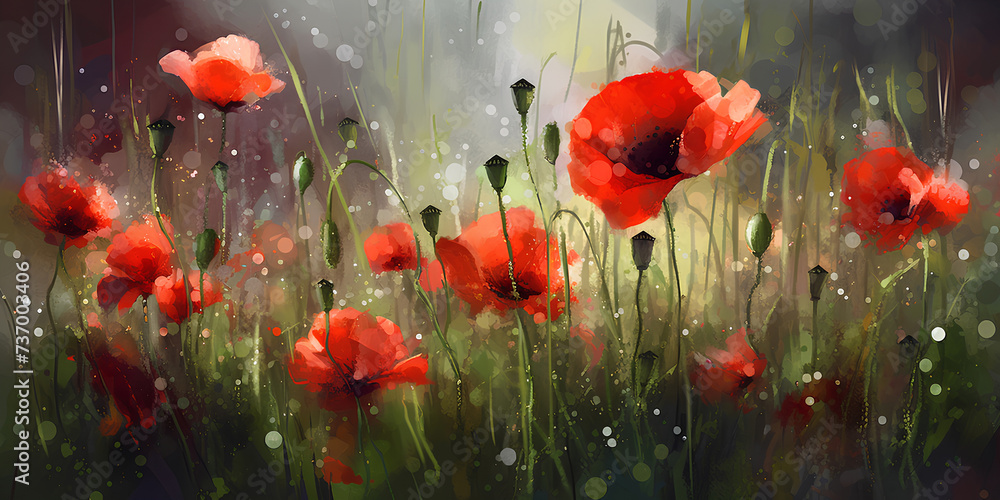 Red poppy flowers closeup on the summer meadow, watercolor painting. - obrazy, fototapety, plakaty 