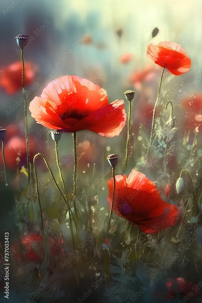 Obraz premium Red poppy flowers on the summer meadow, watercolor painting.