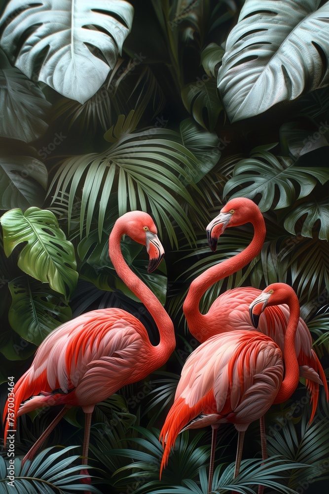 Fototapeta premium Group of beautiful pink flamingos walking in the water at green tropic background.