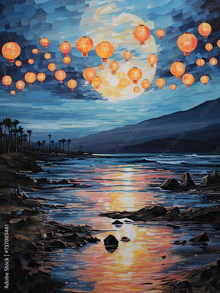 Floating Lantern Festivals Beach Scene Painting: Oceanic Delight with Serene Lantern Illumination