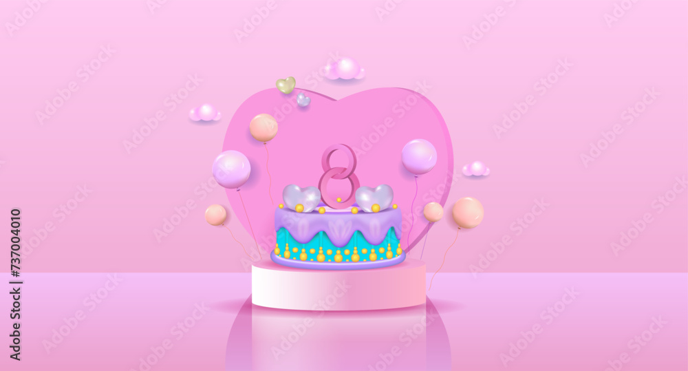Banner for International Women's Day and congratulations on the holiday.
Greeting poster with cake and balloons, 3d vector image. Copy space
Banner for International Women's Day and congratulations on the holiday.
Greeting poster with cake and balloons, 3d vector image. Copy space