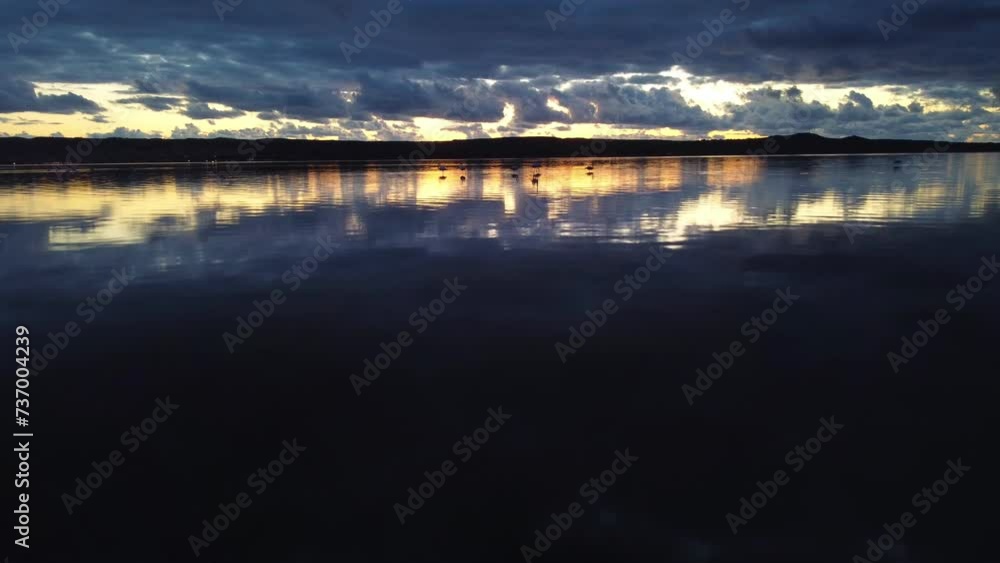 Sant'Antioco establishing aerial view of Lagoon at sunset, Flamingo wildlife