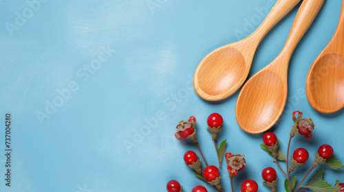 Wooden spoons with fresh rose