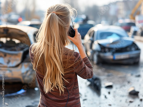 assicurazione auto, ragazza che chiama l'assicuratore e i soccorsi stradali dopo un incidente in auto, sfondo sfocato di auto distrutte photo