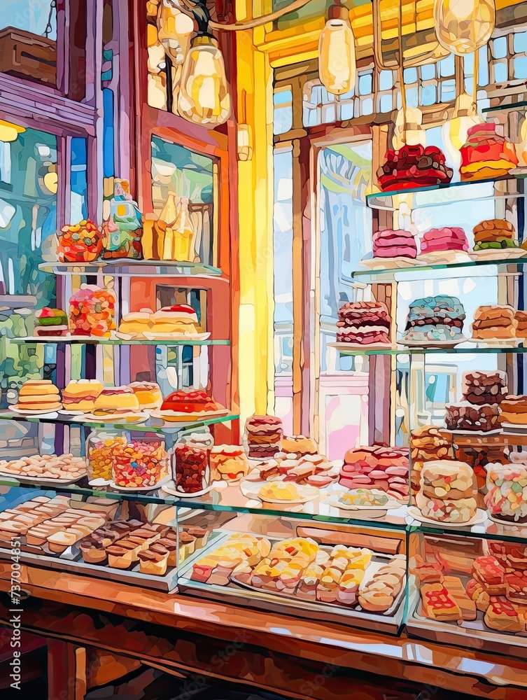 Colorful Bakery Display: Vibrant French Patisserie Storefronts Acrylic Painting