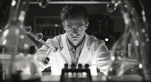 Closeup portrait, young scientist in lab coat wearing nitrile gloves, doing experiments in lab photo