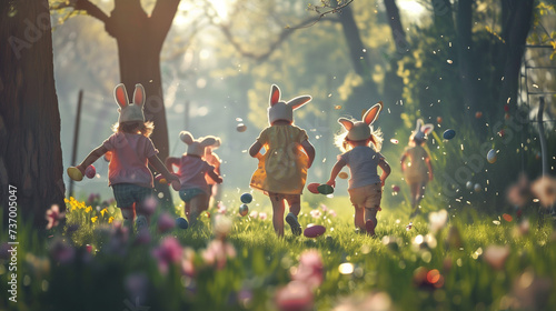 Enchanting Scene of Children with Bunny Ears Running in a Sunlit Park