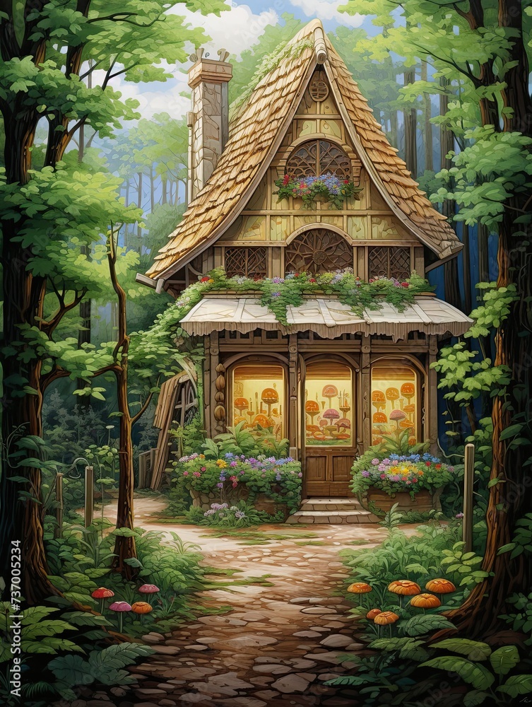 Forest Dreamscape: French Patisserie Storefronts, Woodland Bakery Escape - Wall Art