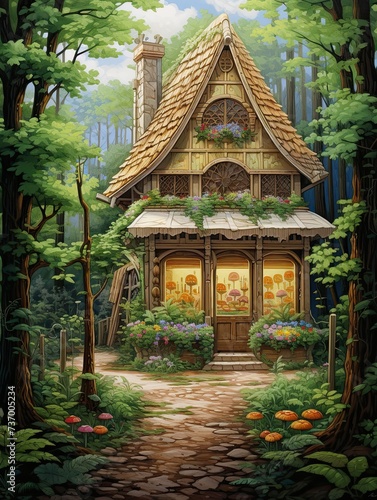 Forest Dreamscape  French Patisserie Storefronts  Woodland Bakery Escape - Wall Art