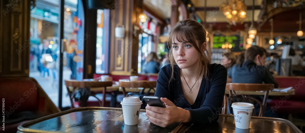 une jeune femme à une table de café qui tient son téléphone entre ses mais et qui regarde vers l'extérieur