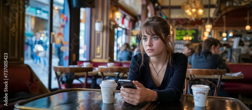 une jeune femme    une table de caf   qui tient son t  l  phone entre ses mais et qui regarde vers l ext  rieur