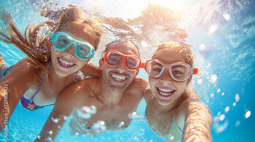 A playful underwater group shot with a family wearing goggles, surrounded by bubbles, creating a feeling of underwater adventure
