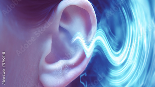 Close-up of an ear with a visual soundwave graphic emanating, illustrating the impact of loud noises on hyperacusis sufferers photo