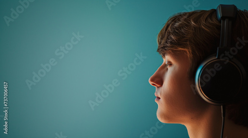 Profile of a person wearing noise-cancelling headphones to alleviate symptoms of hyperacusis, against a muted background photo