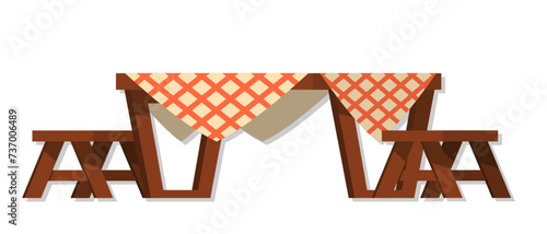 Wood dinning table with tablecloth and chairs cartoon illustration