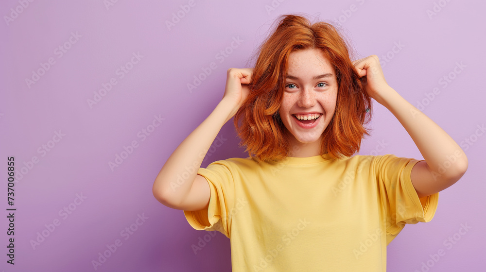 Radiant teen with copper hair in a playful stance, sporting a pastel lemon tee, against a minimalist pastel violet background, embodying a spirit of cheerfulness and spontaneity Radiant teen with copper hair in a playful stance, sporting a pastel lemon tee, against a minimalist pastel violet background, embodying a spirit of cheerfulness and spontaneity