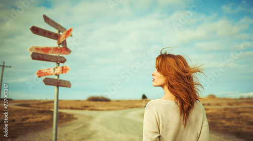 Redhead woman at a crossroads with signposts in different directions, pastel blue sky photo