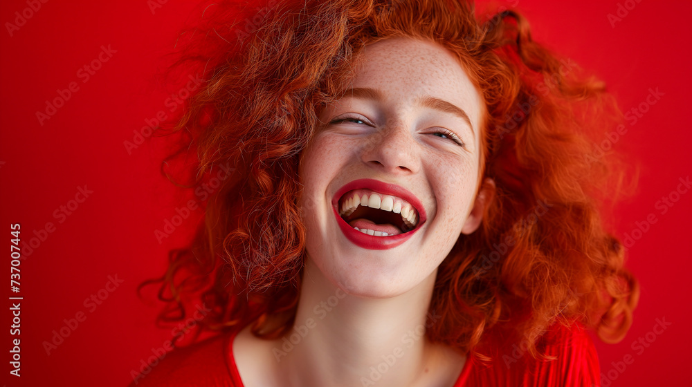 Close-up of an animated young woman with ginger curls, throwing her head back in laughter, wearing a bold red top, embodying vivacity