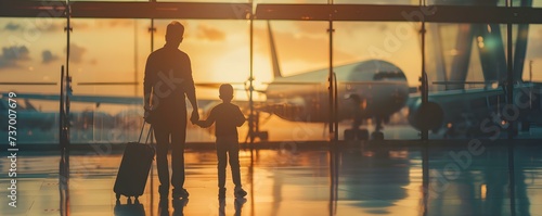 A heartwarming sight at the airport a father and son silhouetted against the backdrop of planes bidding farewell or welcoming each other. Concept Airport Reunions, Emotional Departures, Family Love photo