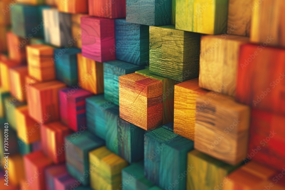 Spectrum of stacked multi-colored wooden blocks. Background or cover for something creative, diverse, expanding, rising or growing. Shallow depth of field. Spectrum of stacked multi-colored wooden blocks. Background or cover for something creative, diverse, expanding, rising or growing. Shallow depth of field.