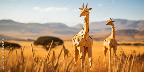 illustration de girafes en papier style origami dans un paysage de savane Africaine photo