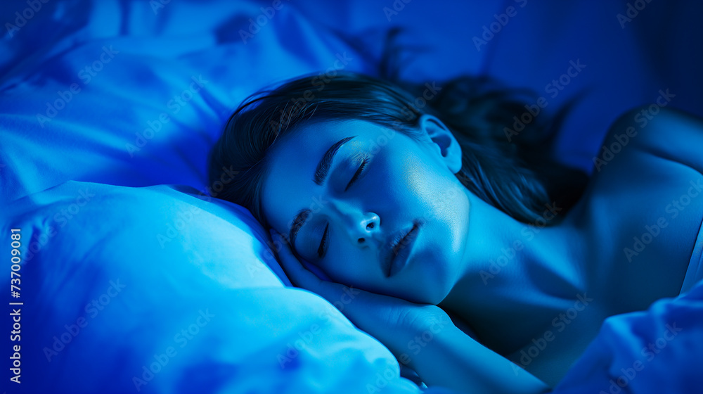 A conceptual image of a young woman peacefully sleeping, surrounded by soft blue light that suggests tranquility and deep sleep A conceptual image of a young woman peacefully sleeping, surrounded by soft blue light that suggests tranquility and deep sleep